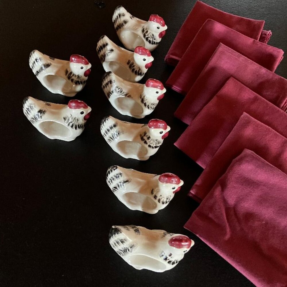 Eight Ceramic Chicken Napkin Holders Plus Six Matching Burgundy Napkins